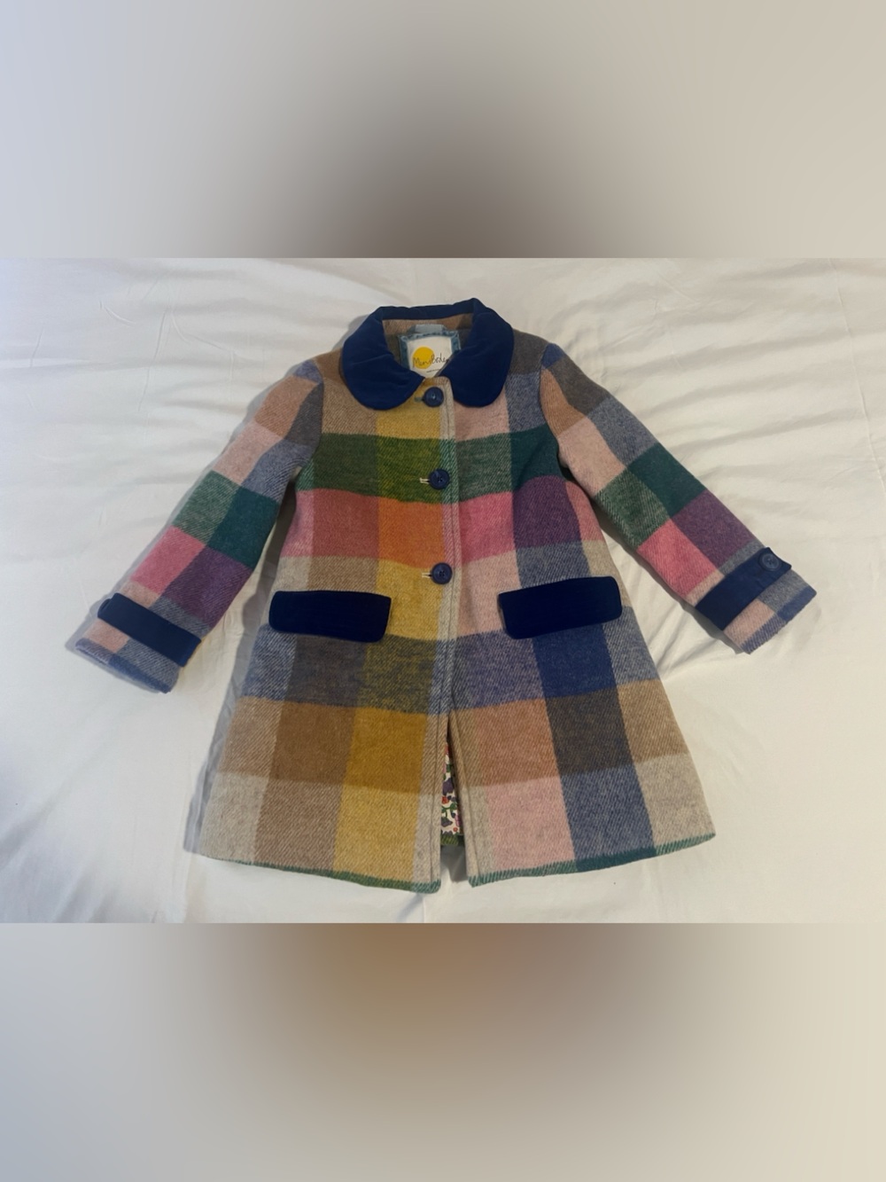 preLoved Mini Boden Multicolor Plaid Coat with Navy Trim
